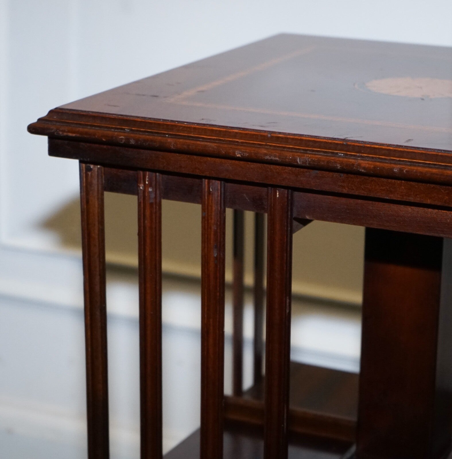 MID CENTRY SHERATON REVIVAL INLAID REVOLVING BOOKCASE END TABLE ON CASTORS