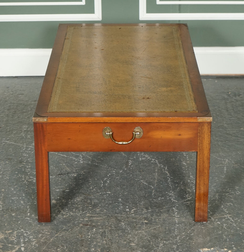 VINTAGE YEW WOOD MILITARY CAMPAIGN COFFEE TABLE WITH EMBOSSED LEATHER