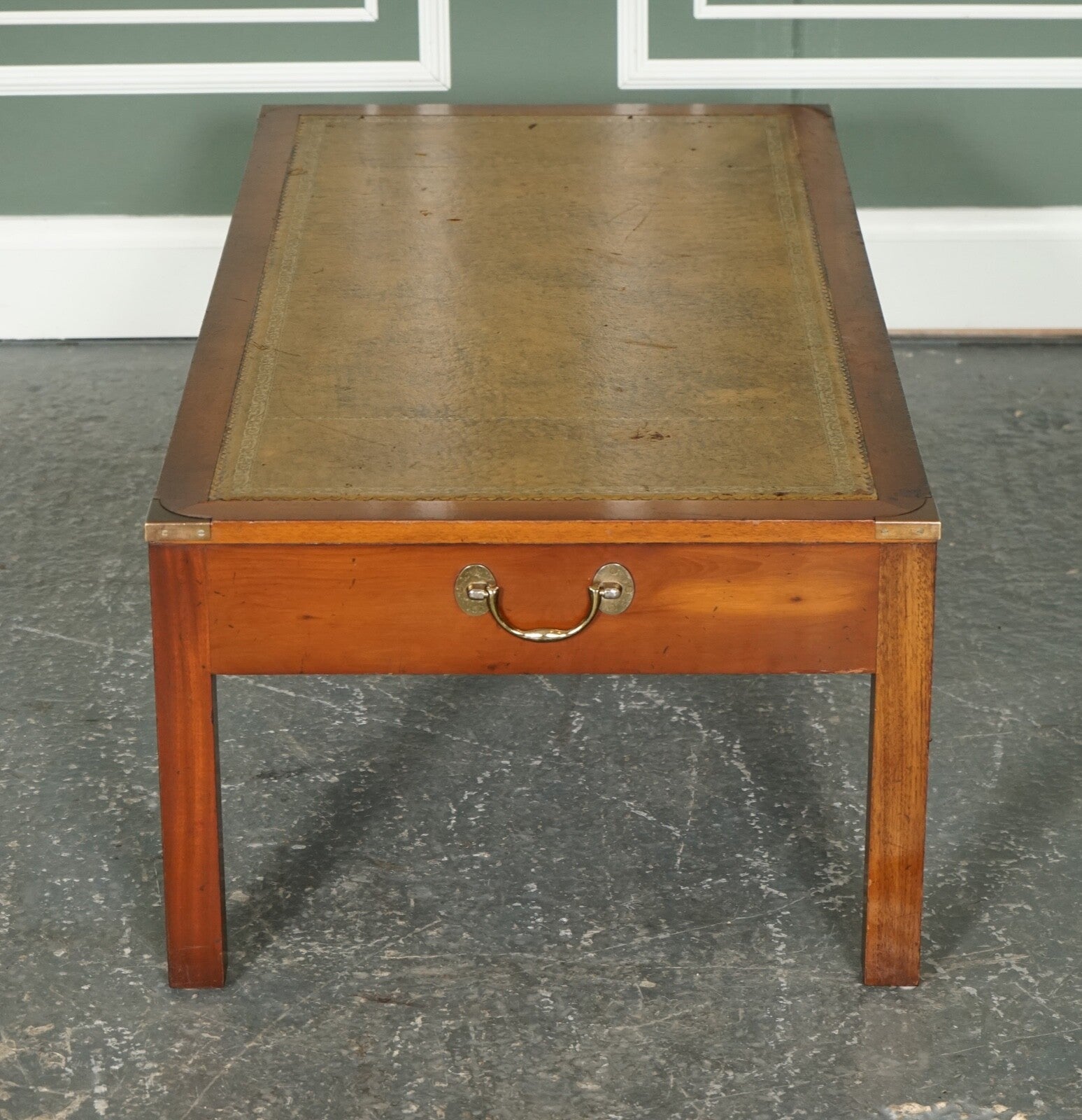 VINTAGE YEW WOOD MILITARY CAMPAIGN COFFEE TABLE WITH EMBOSSED LEATHER
