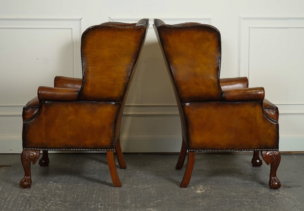 RESTORED PAIR OF HAND DYED BROWN LEATHER CHESTERFiELD WINGBACK ARMCHAIRS