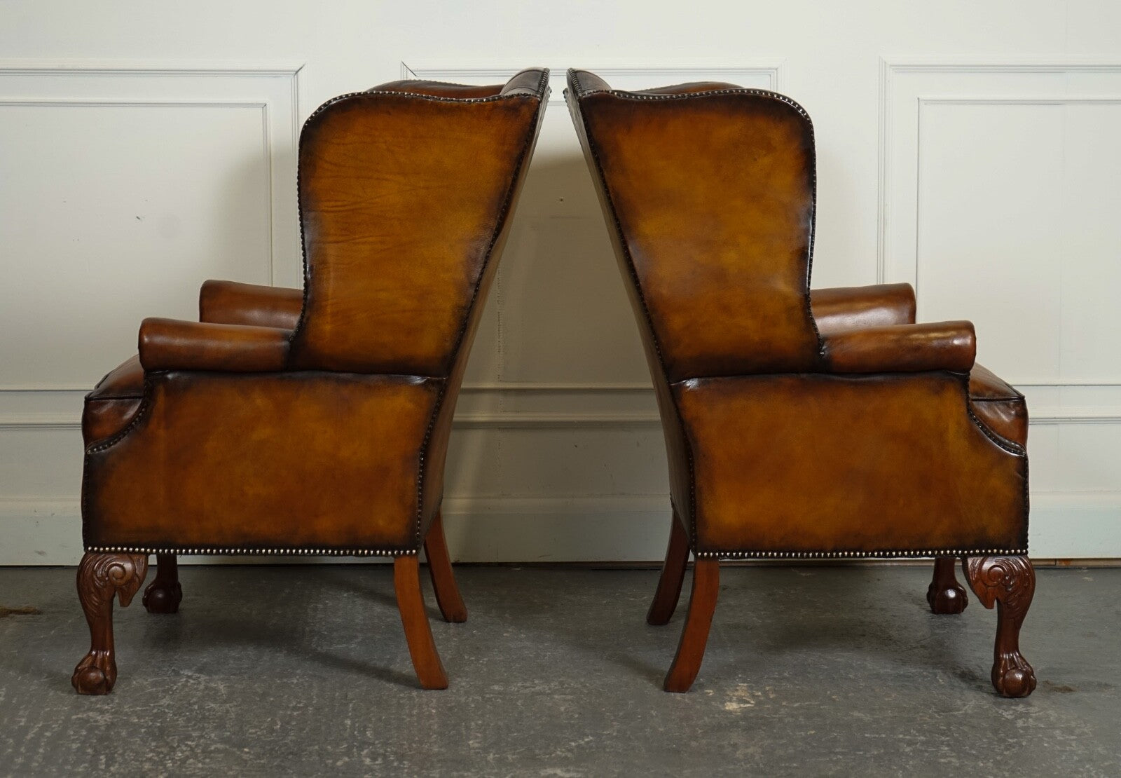 RESTORED PAIR OF HAND DYED BROWN LEATHER CHESTERFiELD WINGBACK ARMCHAIRS
