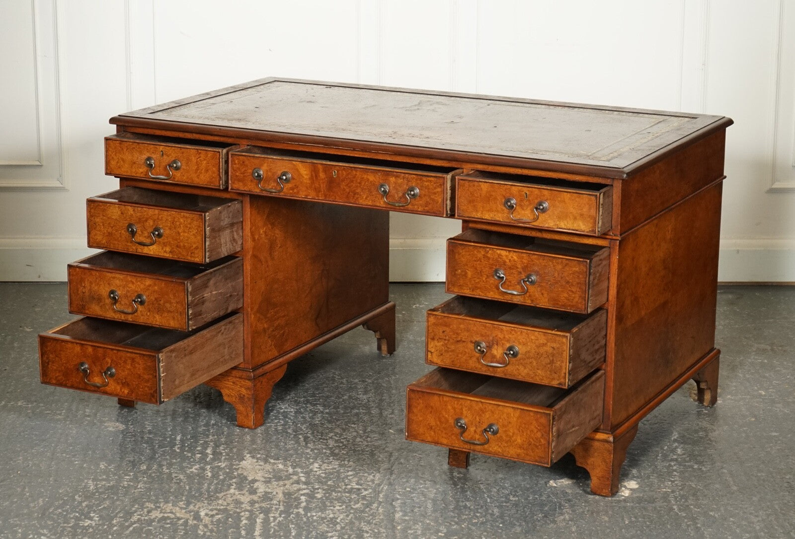 VINTAGE BURR WALNUT TWIN PEDESTAL BROWN LEATHER TOP DESK GOLD EMBOSSED TOOLING