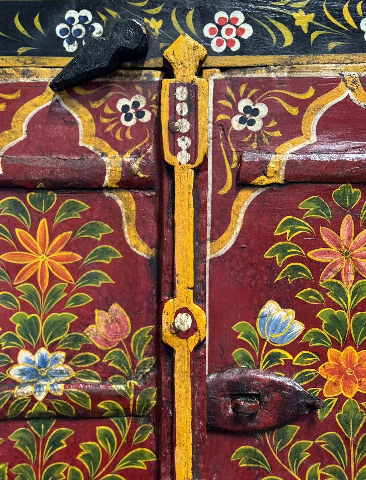 OLD INDiAN PAINTED WOOD WINDOW FRAME FLOWER AND VASE