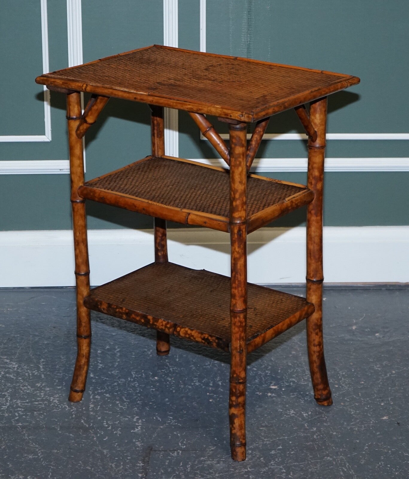 ANTIQUE ENGLISH BURNT BAMBOO THREE TIER SIDE END LAMP TABLE