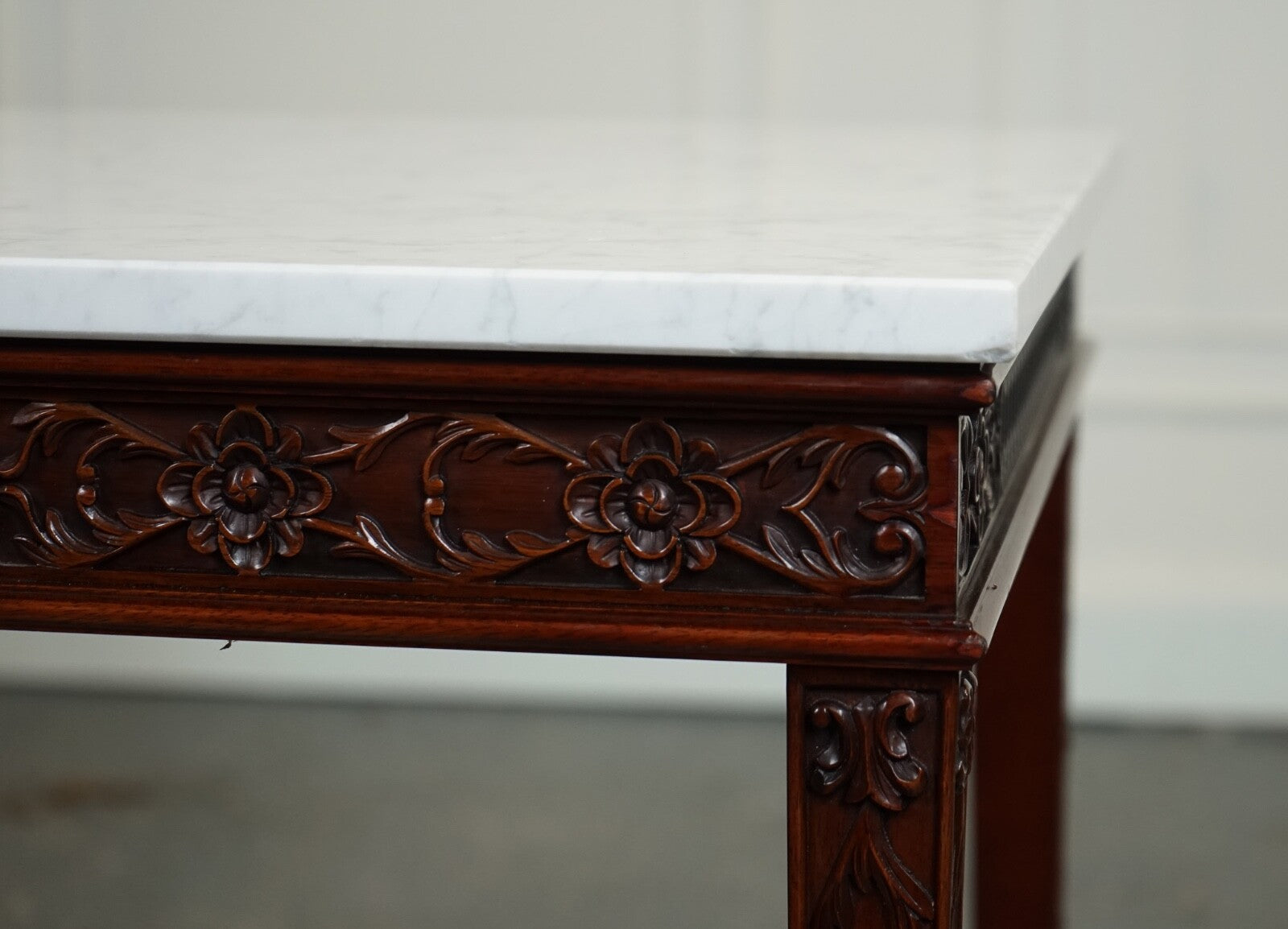 PAIR OF CHIPPENDALE STYLE CONSOLE TABLES WITH NEW WHITE CARRARA MARBLE TOPS