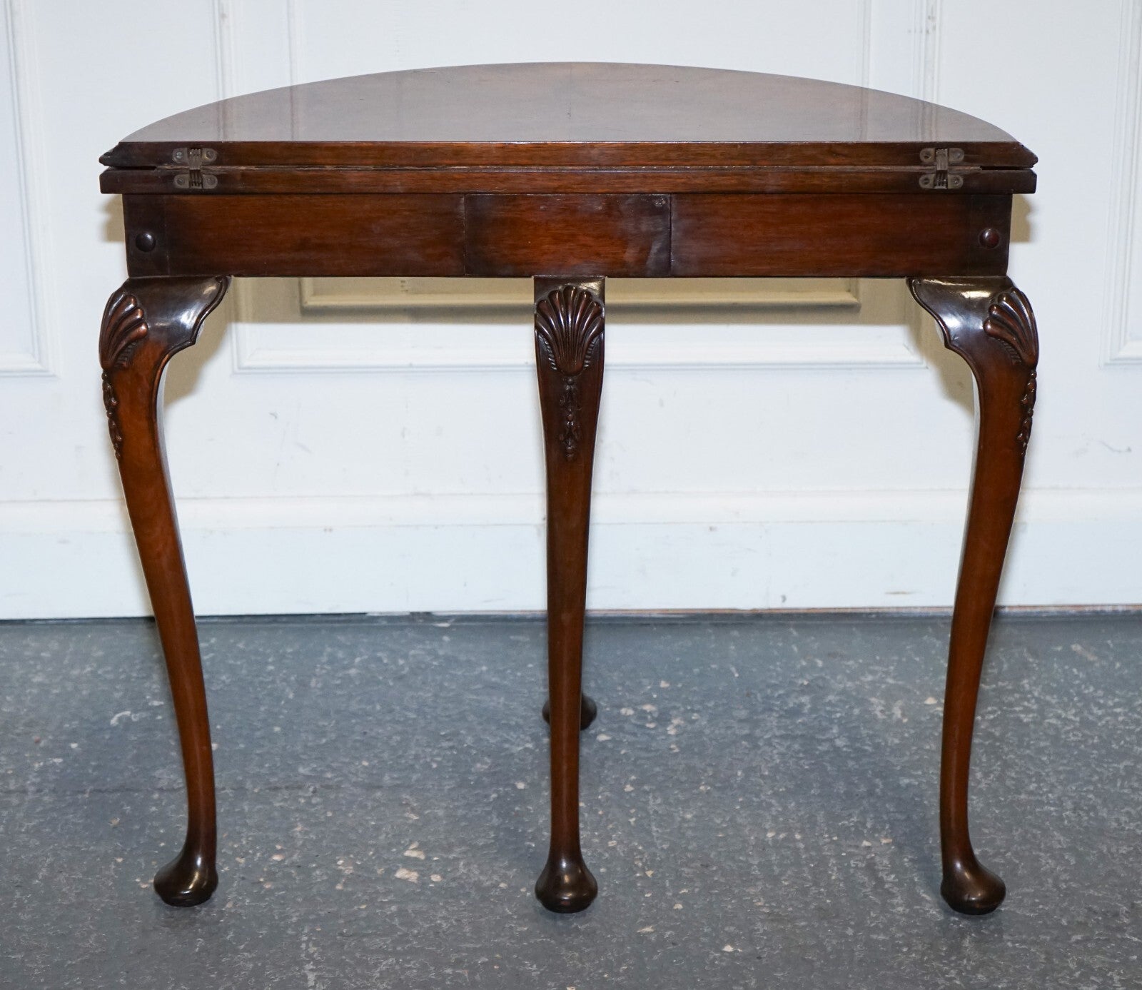 ANTIQUE BURR WALNUT DEMI LUNE CARD GAMES SIDE OCCASIONAL TABLE