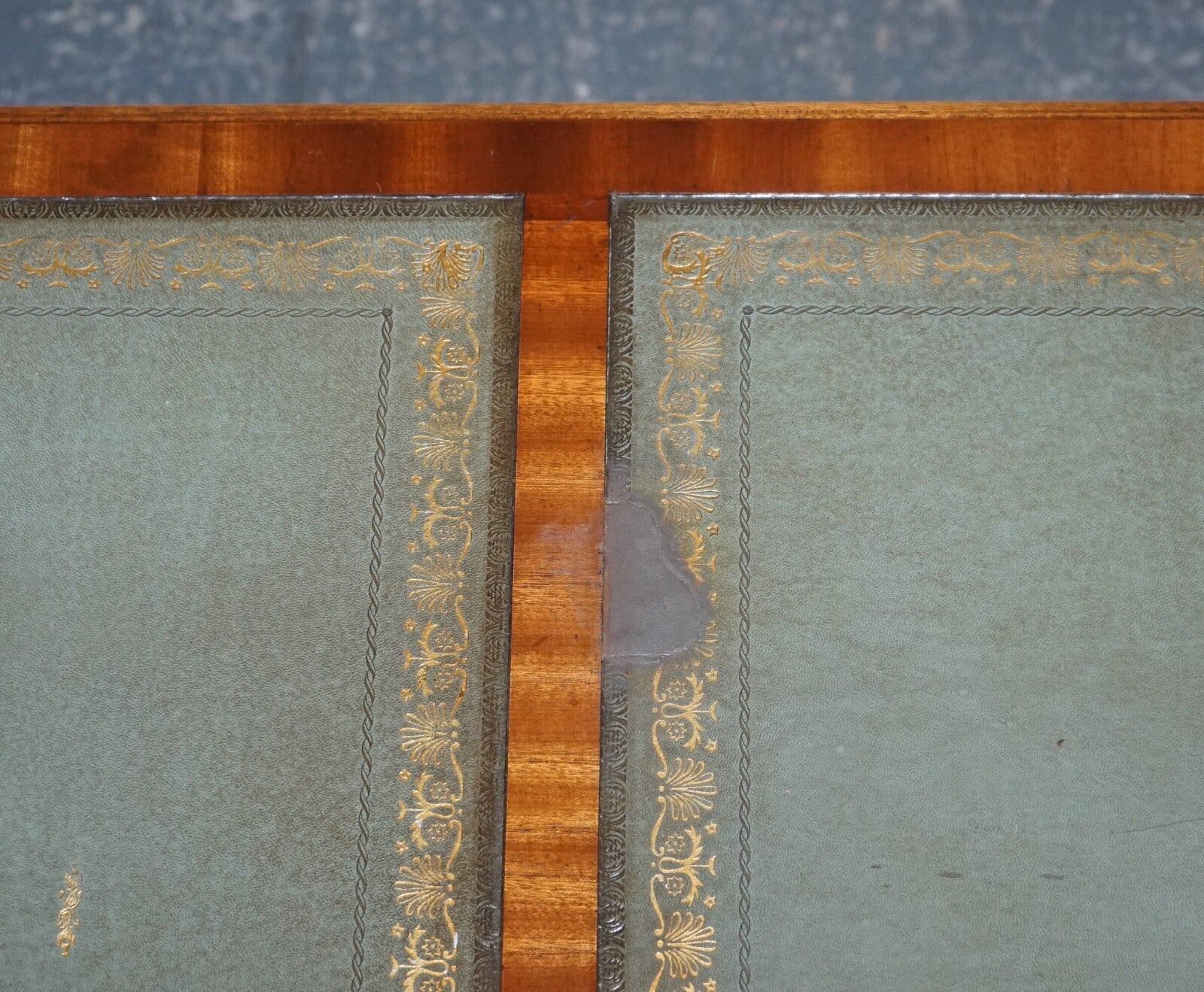 VINTAGE BEVAN FUNNELL SAGE BLUE GOLD EMBOSSED LEATHER TOP PEDESTAL DESK