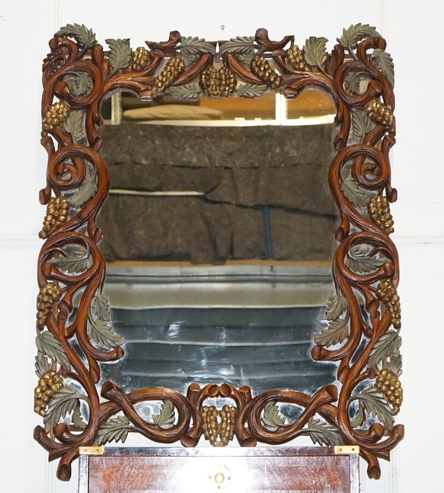 VINTAGE BLACK FORREST STYLE HEAVILY CARVED WOODEN WALL MIRROR VERY DECORATIVE