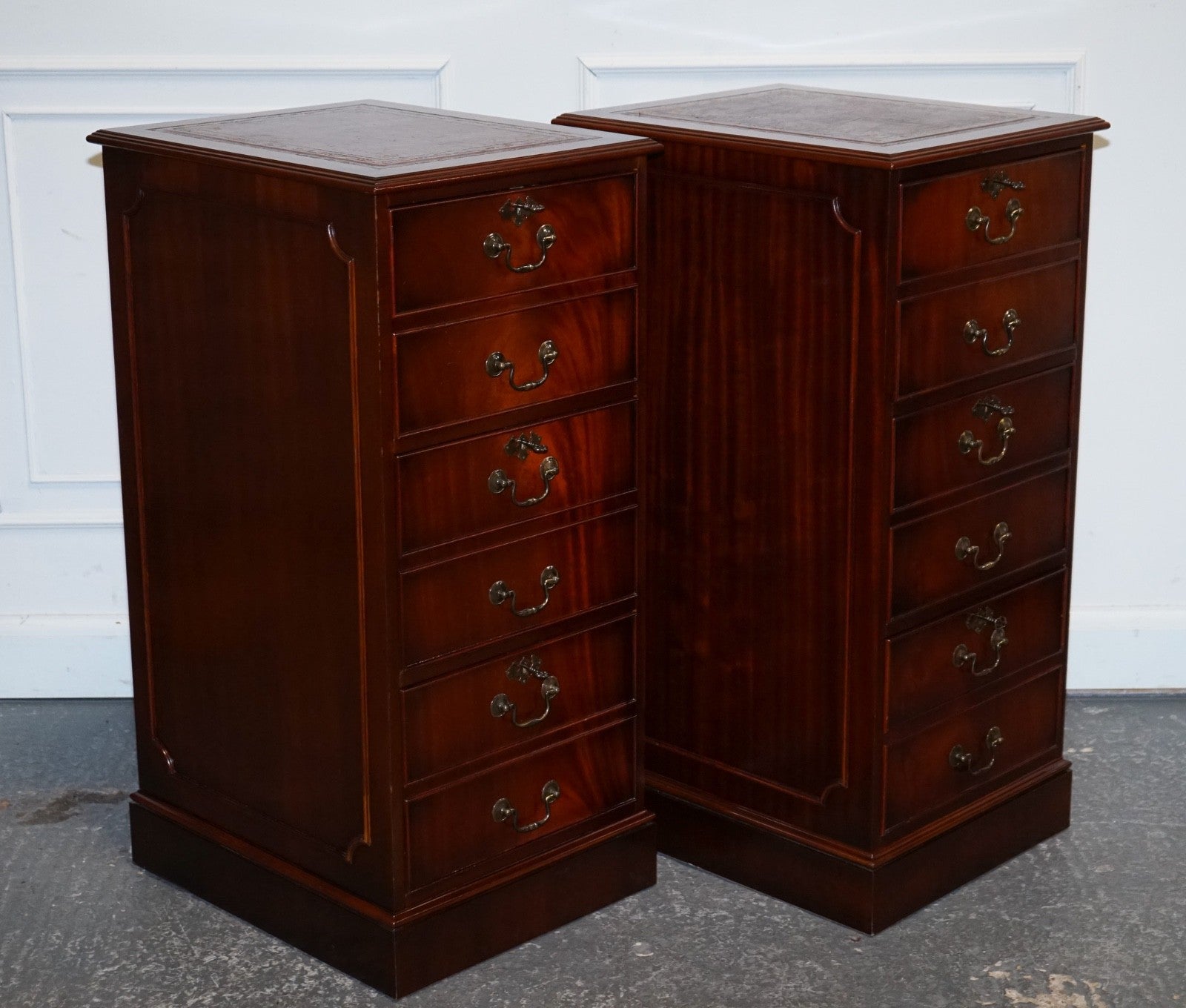 PAIR OF FILLING CABINETS BURGUNDY LEATHER GOLD EMBOSSED TOP 3 SPACIOUS DRAWERS