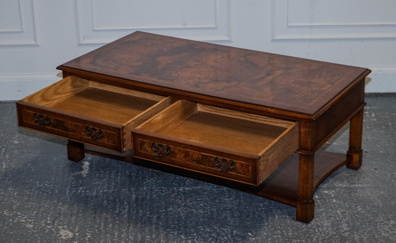 VINTAGE BRIGHTS OF NETTLEBED BURR WALNUT COFFEE TABLE WITH TWO DEEP DRAWERS