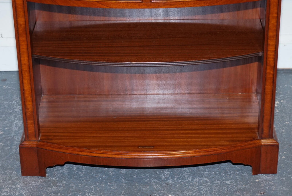 VINTAGE SERPENTINE BOW FRONT DWARF OPEN BOOKCASE WITH TWO DRAWERS BY WADE