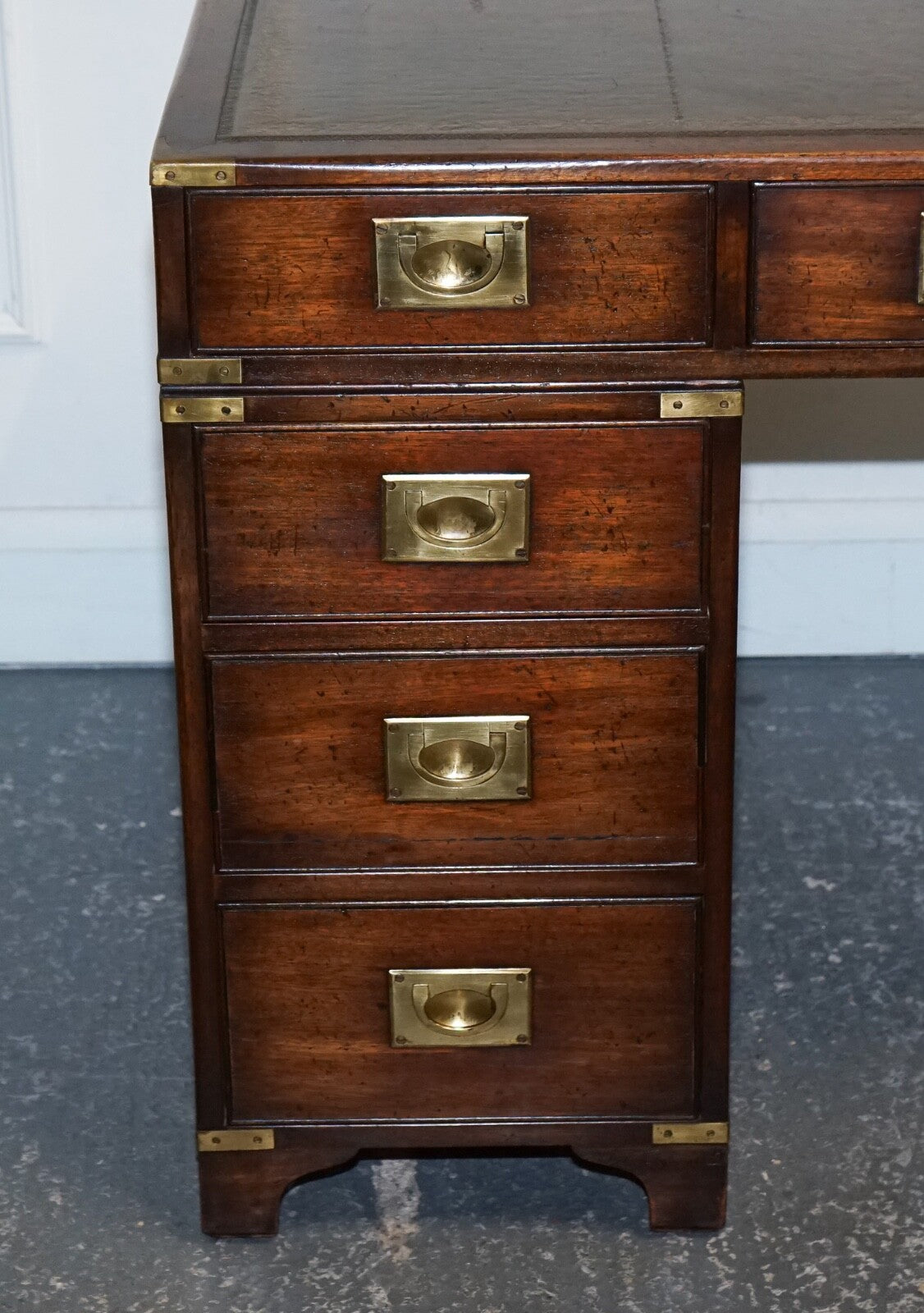 MILITARY CAMPAIGN TWIN PEDESTAL DESK WITH AGED GREEN LEATHER TOP BEVAN FUNELL