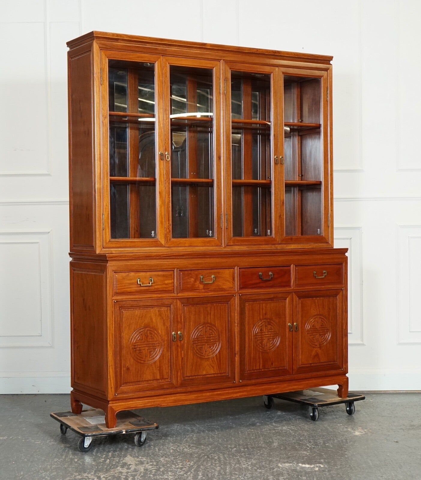 LARGE VINTAGE ORIENTAL CHINESE CARVED SOLID HARDWOOD BOOKCASE DISPLAY CABINET