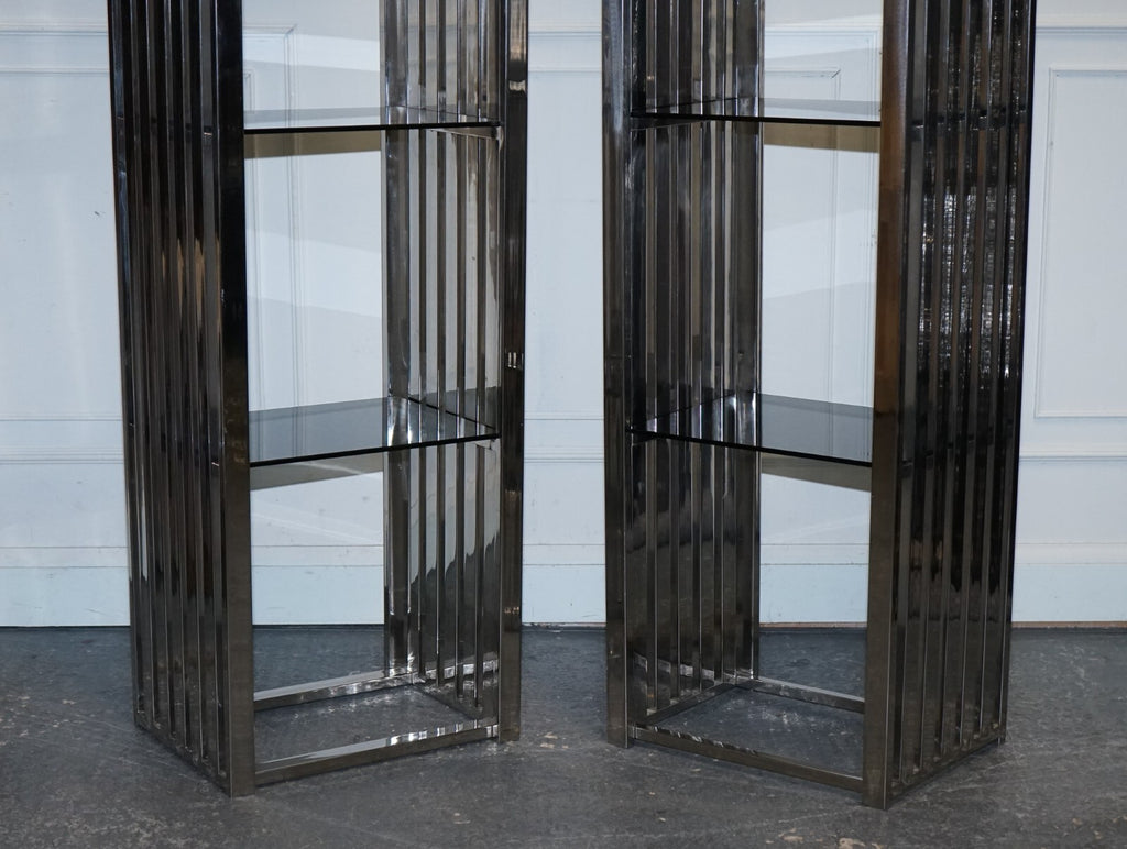 STUNNING CASA PADRINO STAINLESS STEEL PAIR OF BOOKCASES AND SMOKED GLASS SHELFS