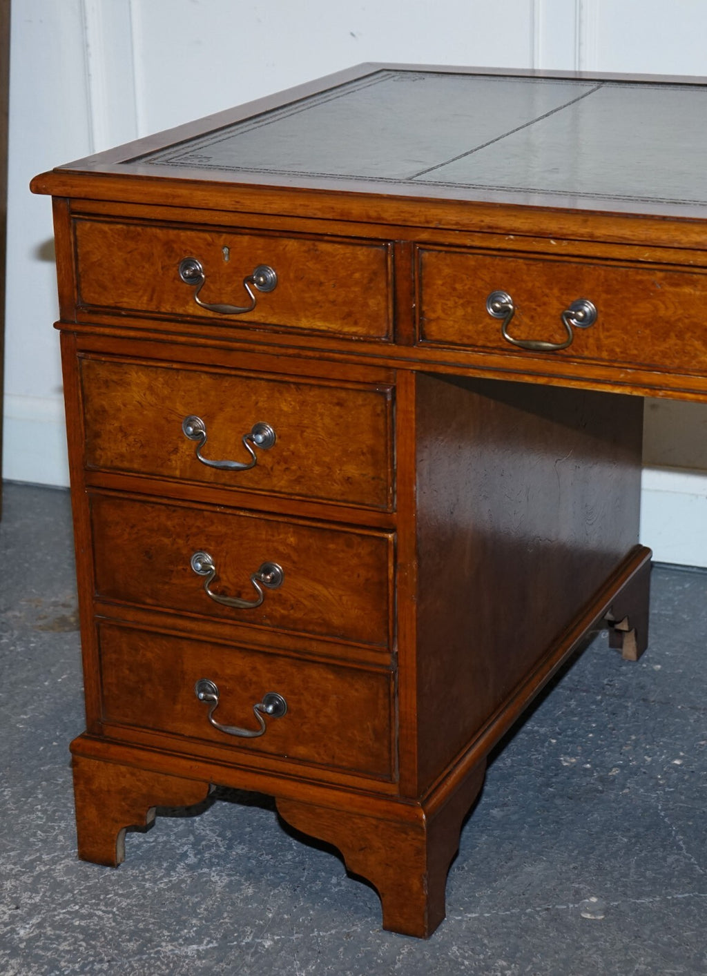ONE OF A KiND RESTORED VICTORIAN BURR WALNUT HAND DYED LEATHER PEDESTAL DESK