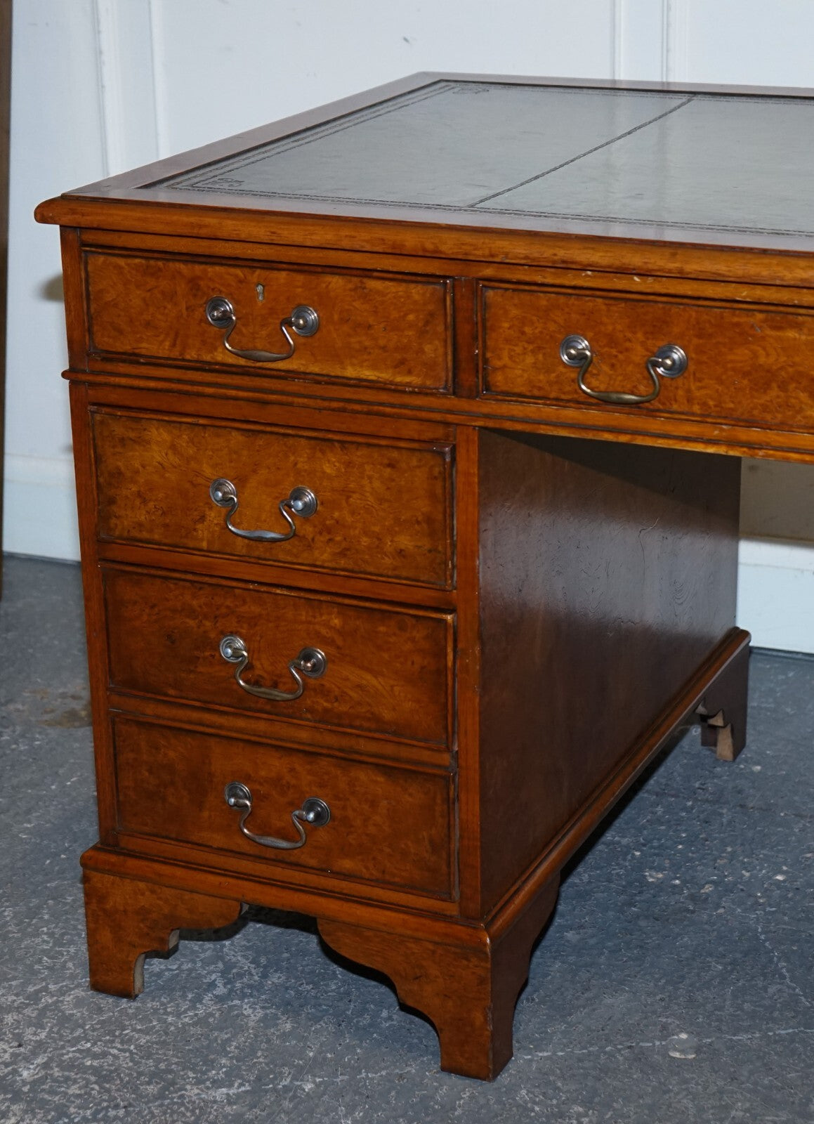 ONE OF A KiND RESTORED VICTORIAN BURR WALNUT HAND DYED LEATHER PEDESTAL DESK