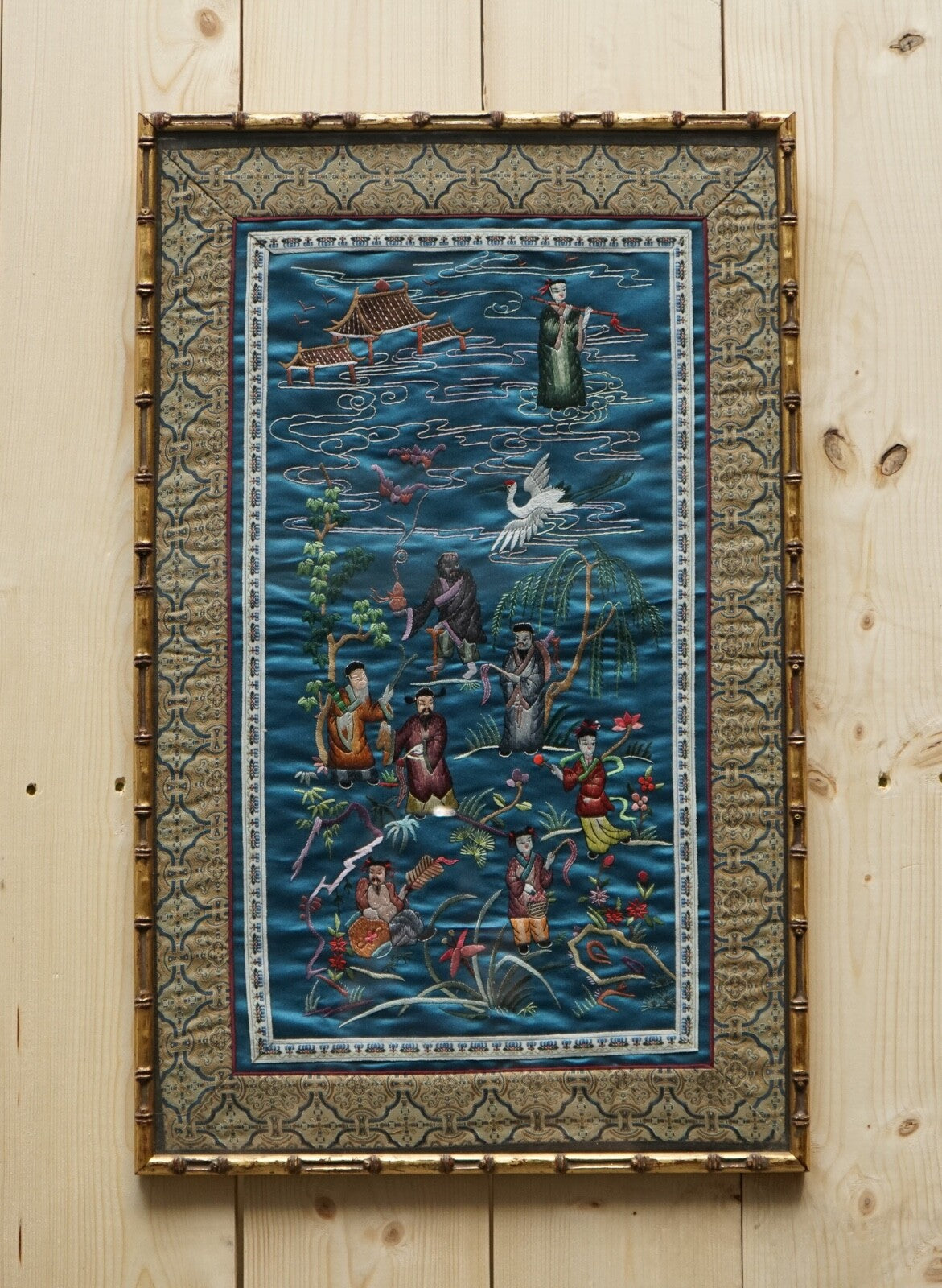 VINTAGE CHINESE HAND EMBROIDERED SILK TAPESTRY PANEL IN FAUX GILT BAMBOO FRAME