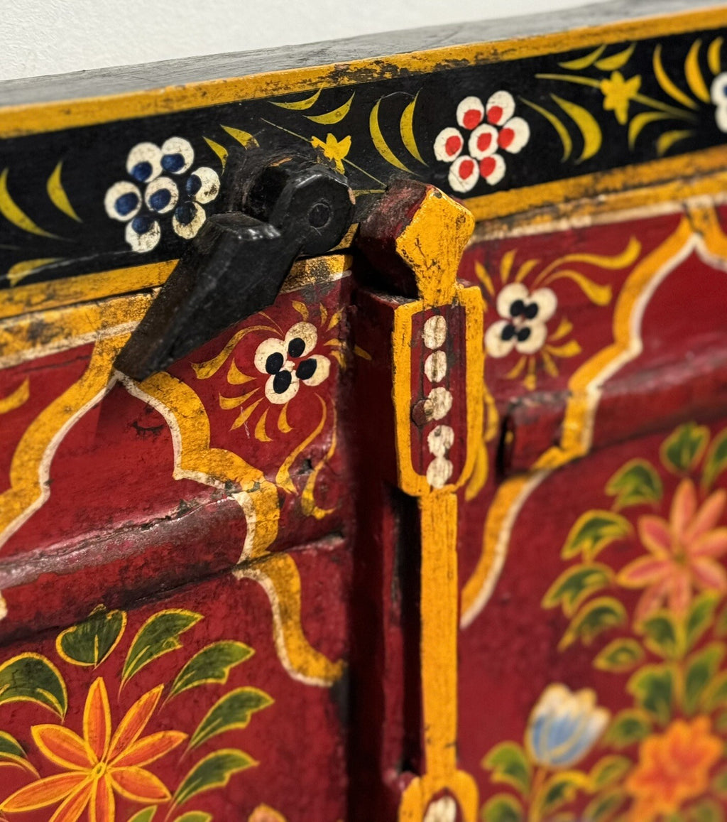 OLD INDiAN PAINTED WOOD WINDOW FRAME FLOWER AND VASE