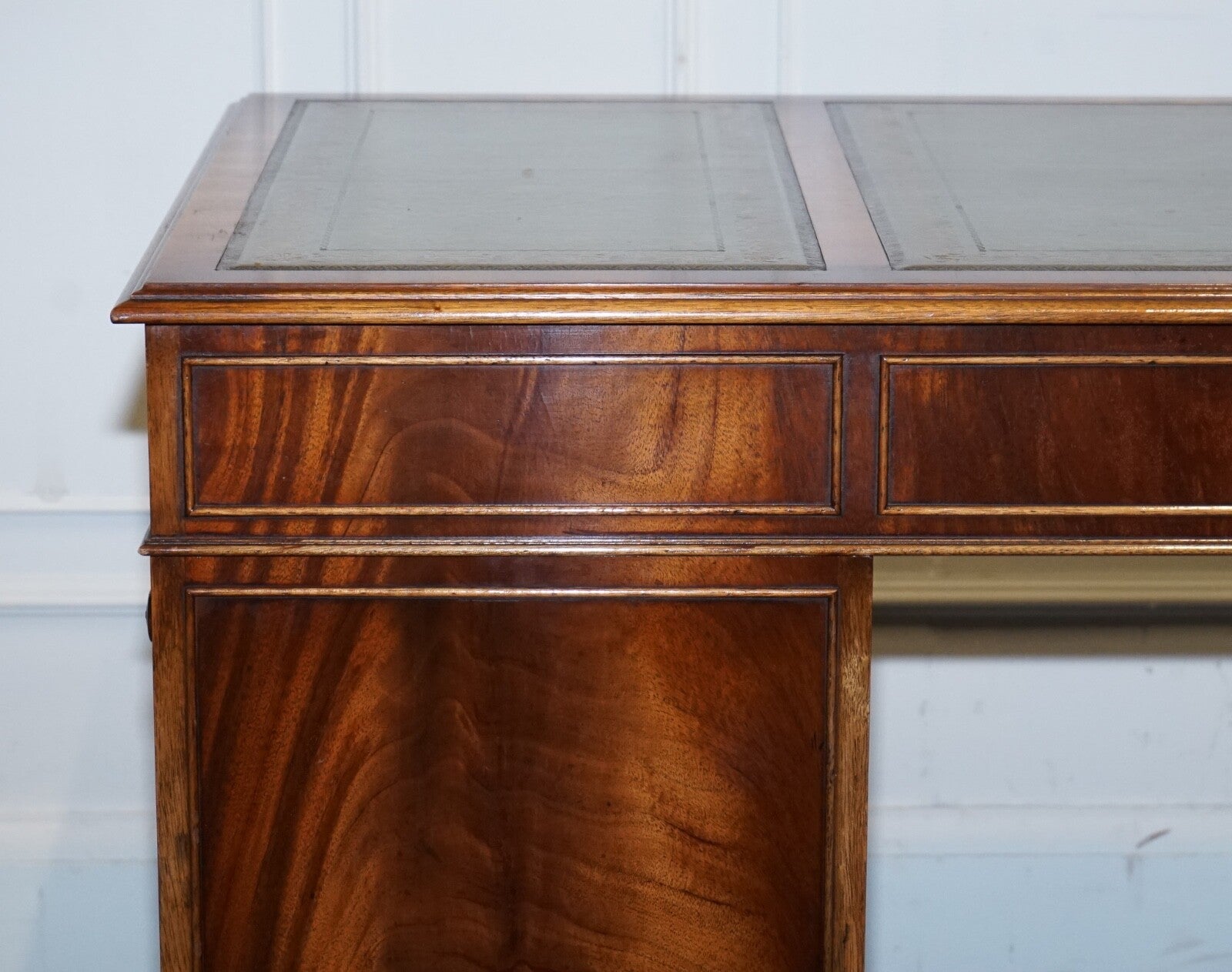 VINTAGE BEVAN FUNNELL SAGE BLUE GOLD EMBOSSED LEATHER TOP PEDESTAL DESK