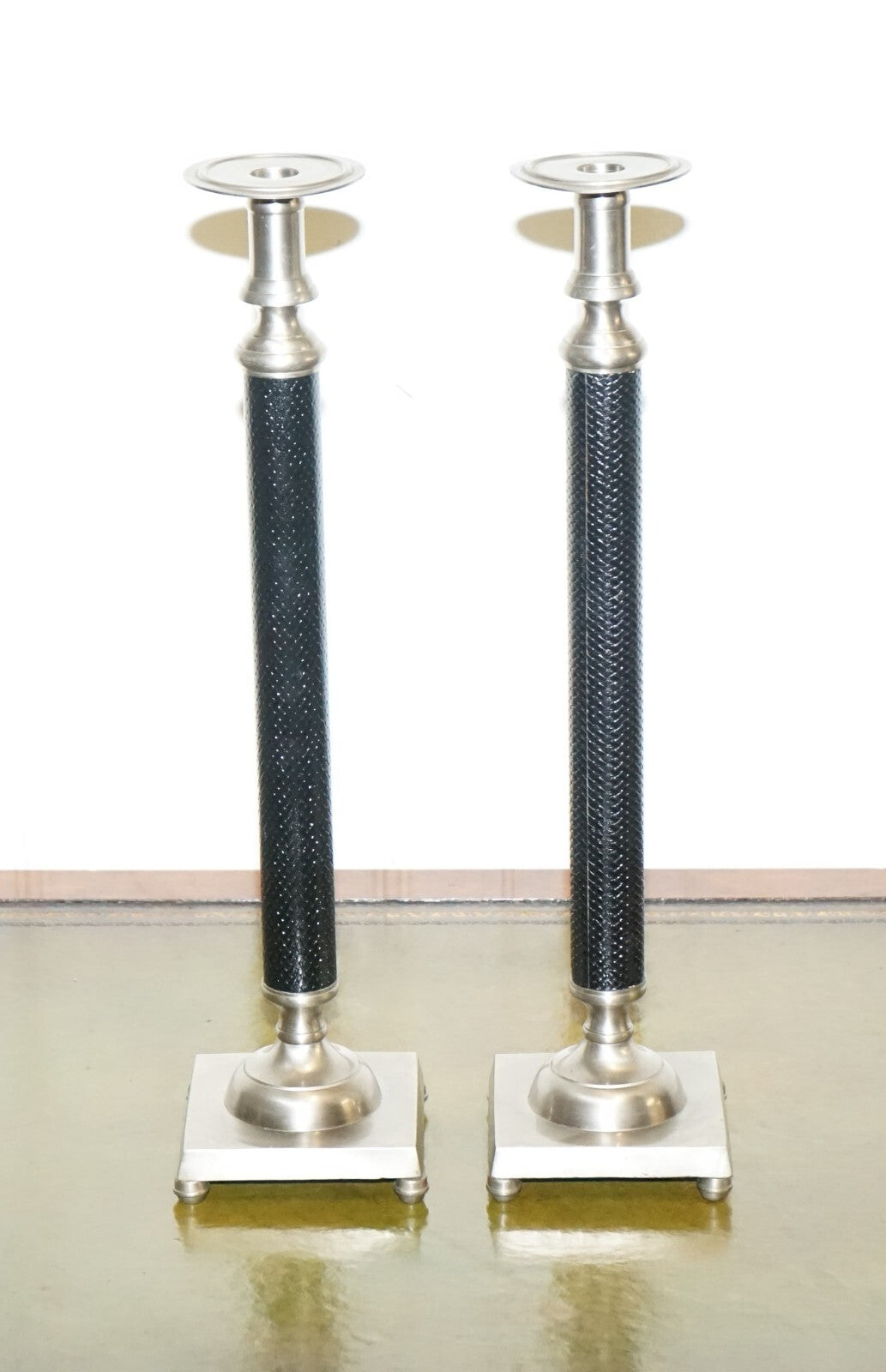 PAIR OF SILVER STAINLESS STEEL & BLACK RALPH LAUREN STYLE CANDLEHOLDERS