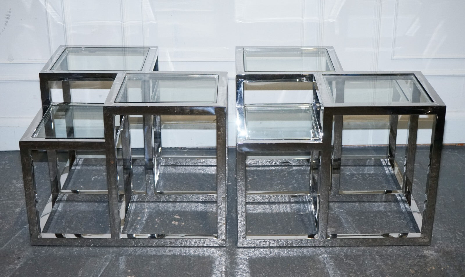 PAIR OF CASA PADRINO ART DECO STYLE GLASS POLISHED STAINLESS STEEL SIDE TABLES