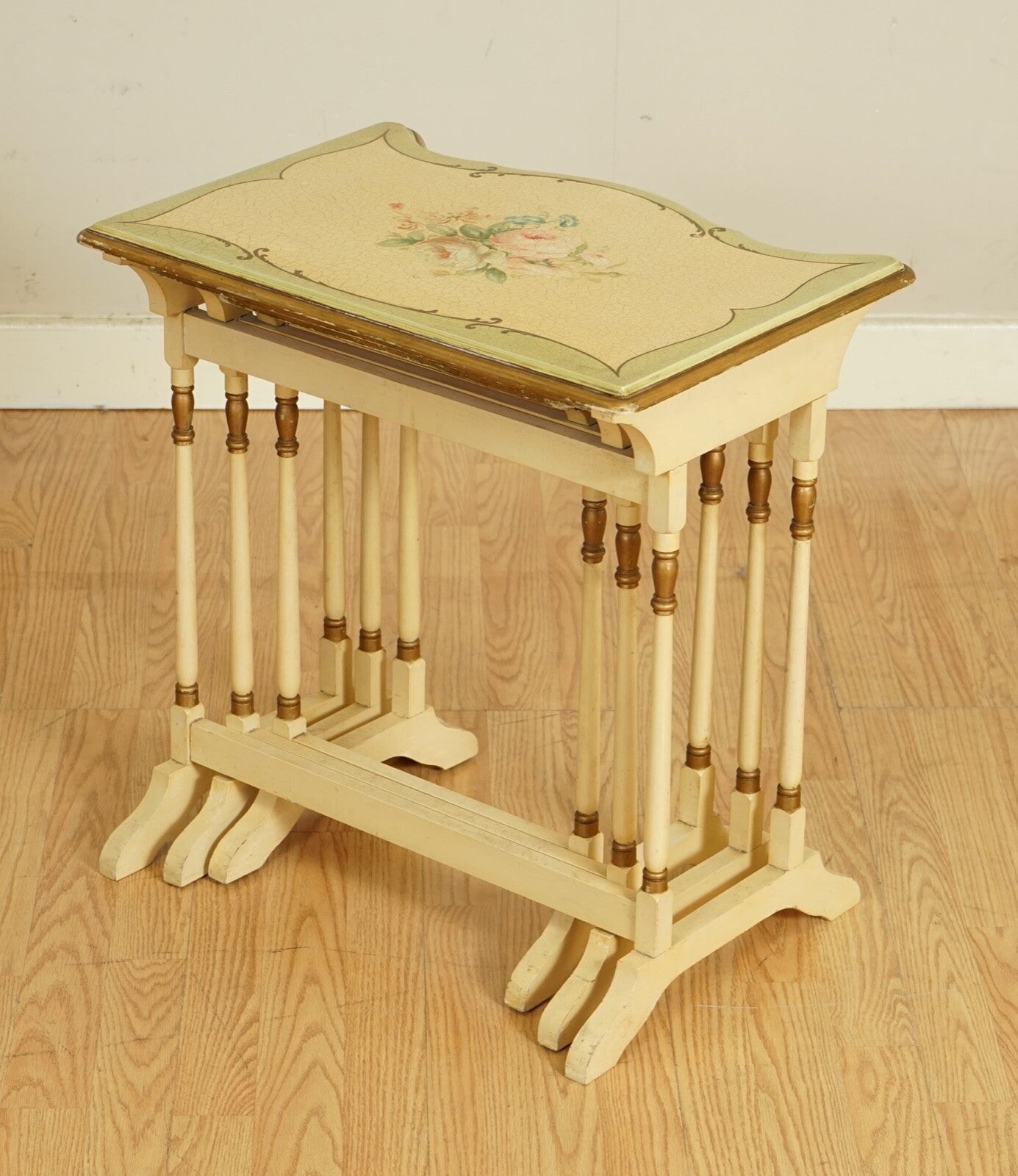 VINTAGE FRENCH HAND PAINTED FLORAL NEST OF TABLES