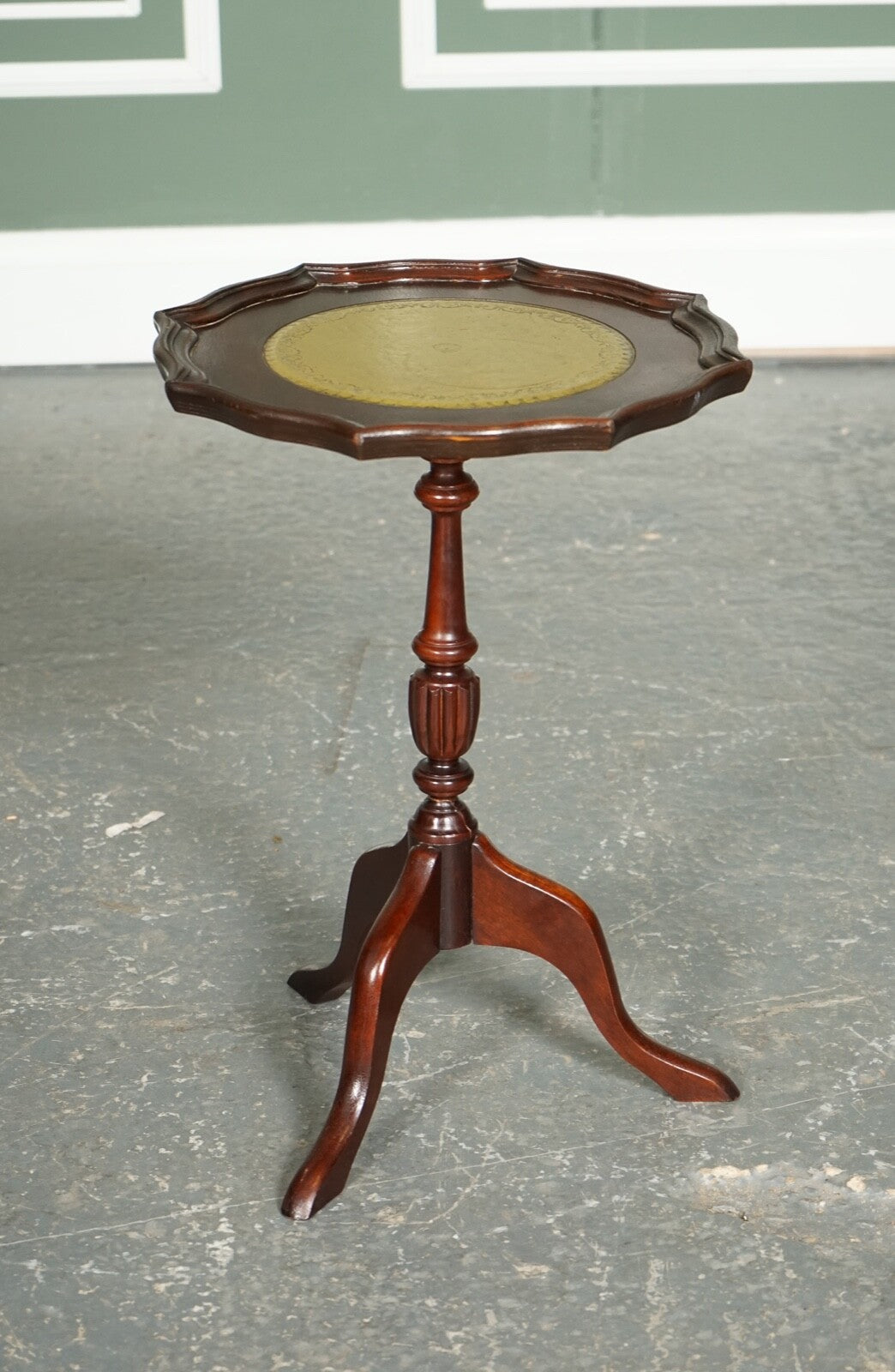 VINTAGE GREEN LEATHER TOP PLANT WINE SIDE STAND ON TRIPOD FEET