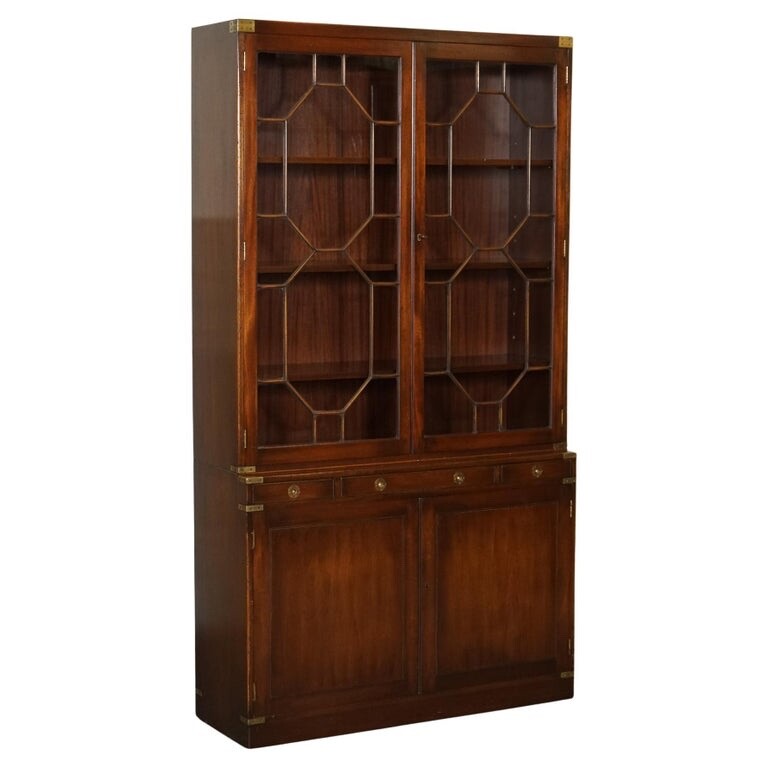VINTAGE BEVAN FUNNELL MILITARY CAMPAIGN ASTRAL GLAZED LIBRARY DISPLAY CABINET