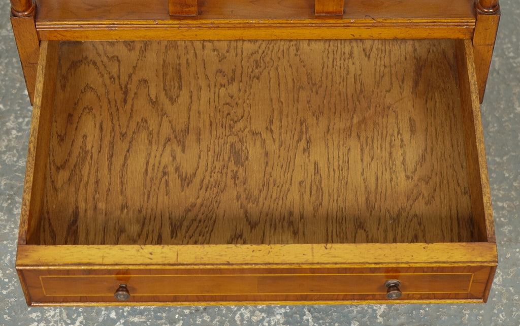 VINTAGE WALNUT CANTERBURY NEWSPAPER RACK WITH BRASS HANDLES J1