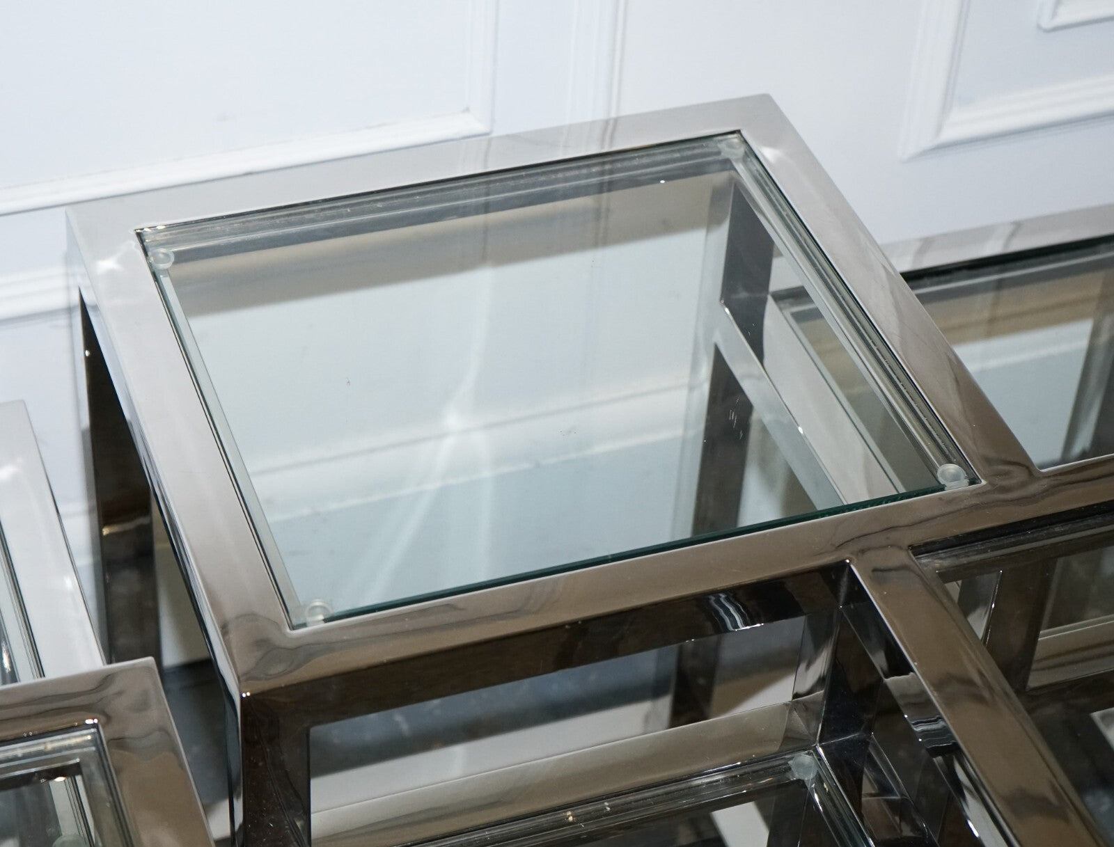 PAIR OF CASA PADRINO ART DECO STYLE GLASS POLISHED STAINLESS STEEL SIDE TABLES