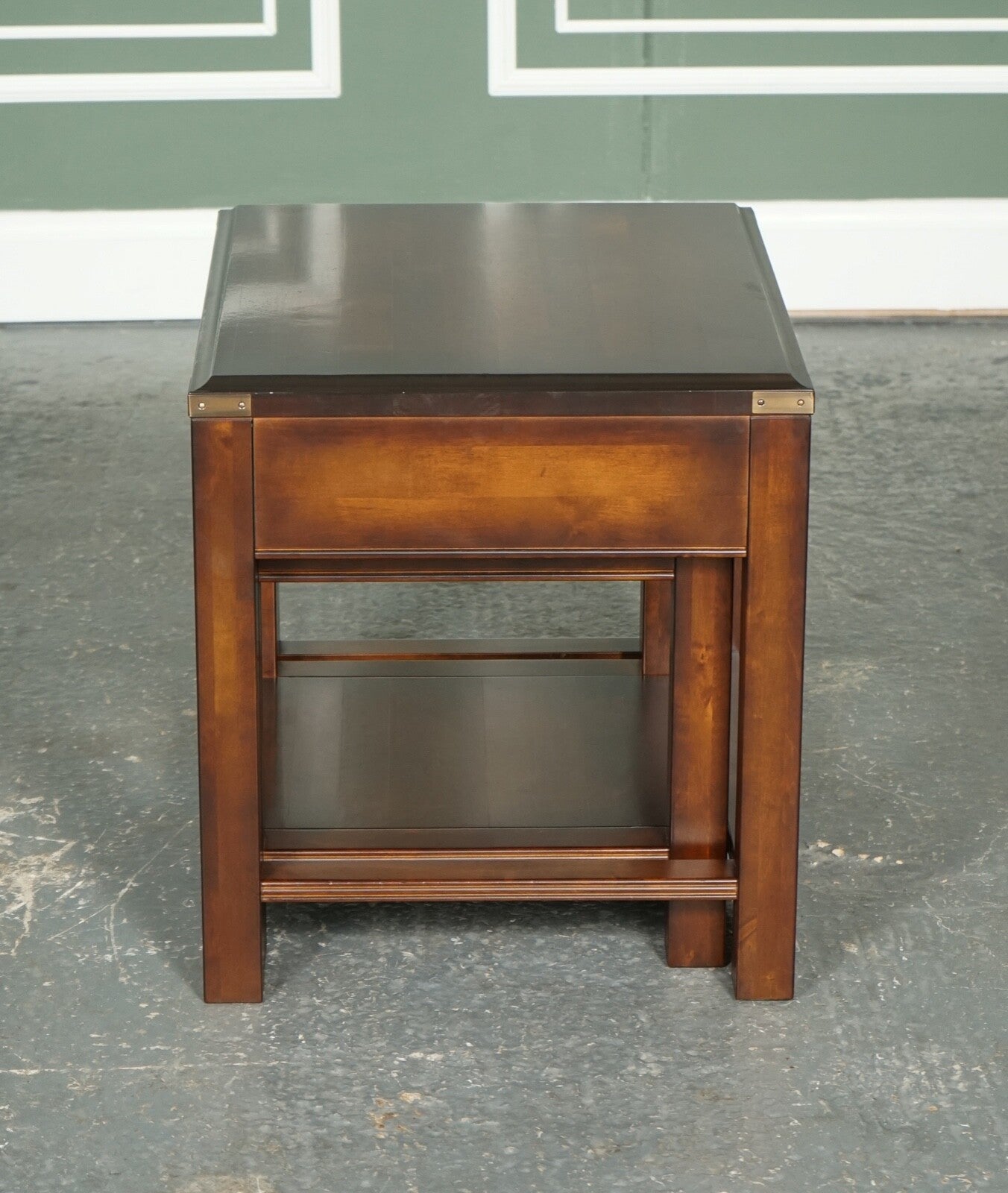VINTAGE MAHOGANY & BRASS MILITARY CAMPAIGN NEST OF TABLES WITH DRAWER