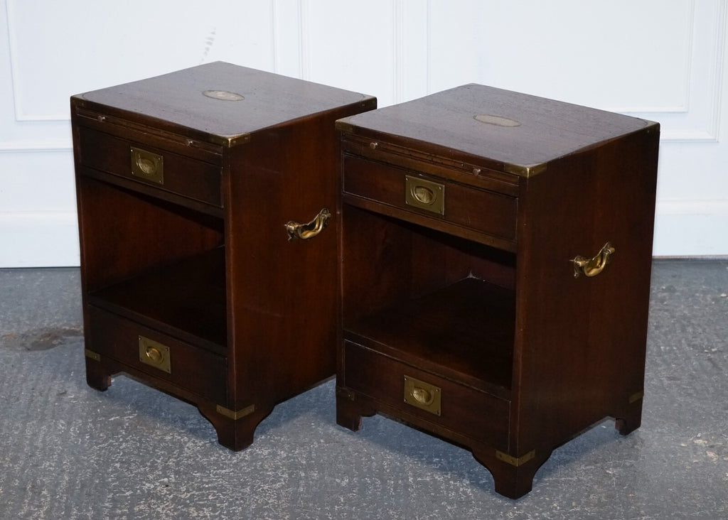 PAIR OF MILITARY CAMPAIGN BEVAN FUNELL BEDSIDE TABLES NIGHTSTANDS TWO DRAWERS