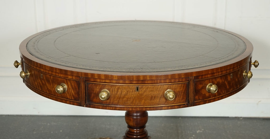 FINE RESTORED REGENCY STYLE DRUM TOP LIBRARY TABLE WITH AGED GREEN LEATHER TOP