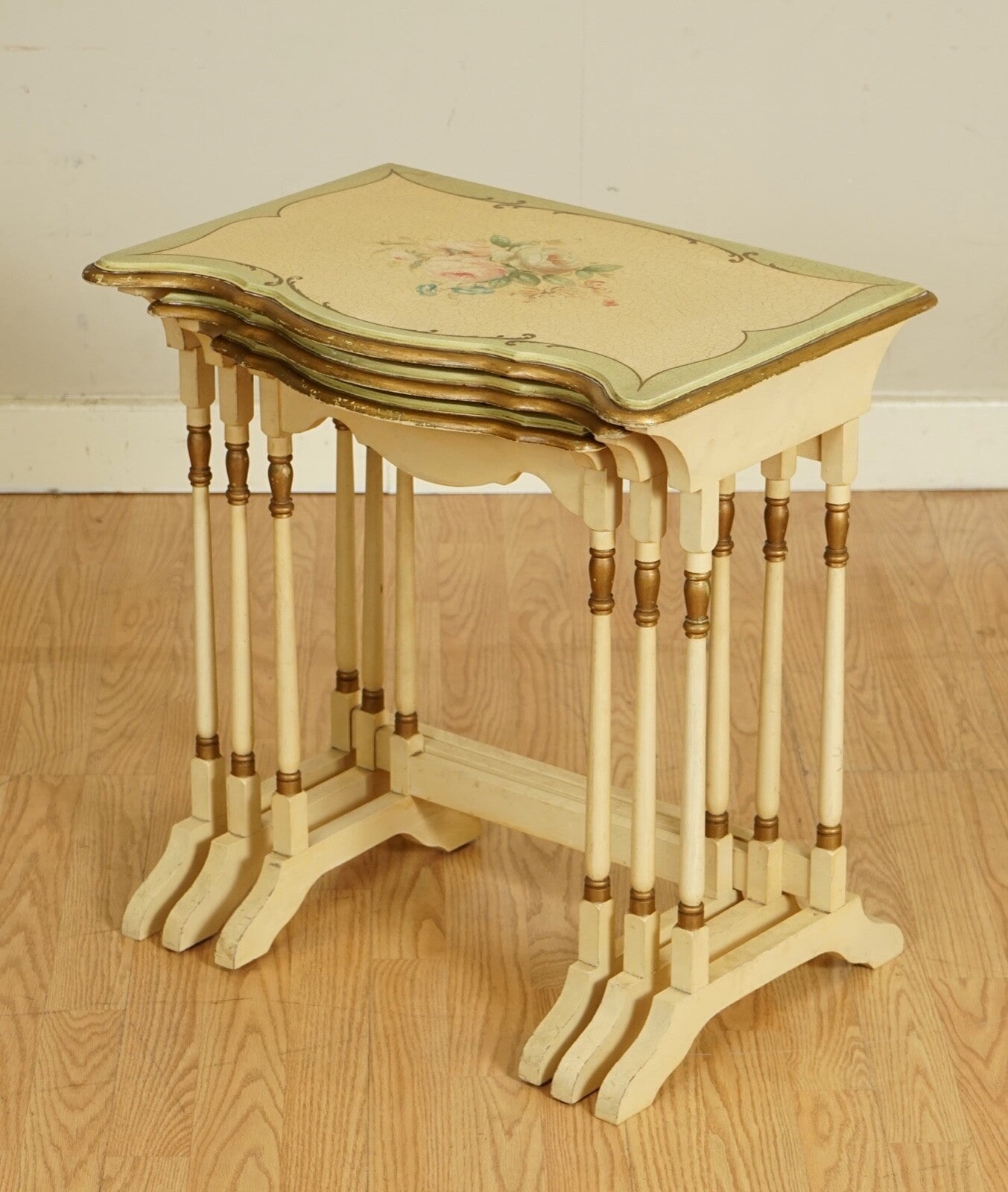 VINTAGE FRENCH HAND PAINTED FLORAL NEST OF TABLES