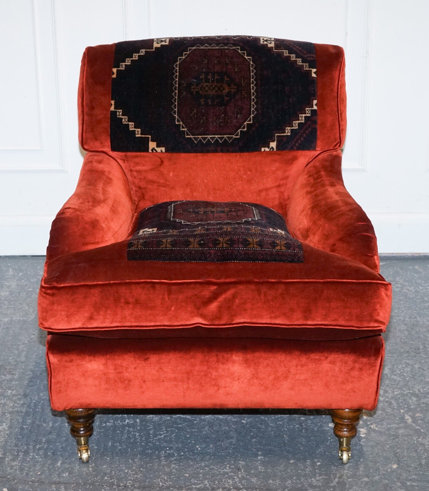 VINTAGE RED VELVET & AZTEC KILIM UPHOLSTERED HOWARD GEORGE SMITH STYLE ARMCHAIR