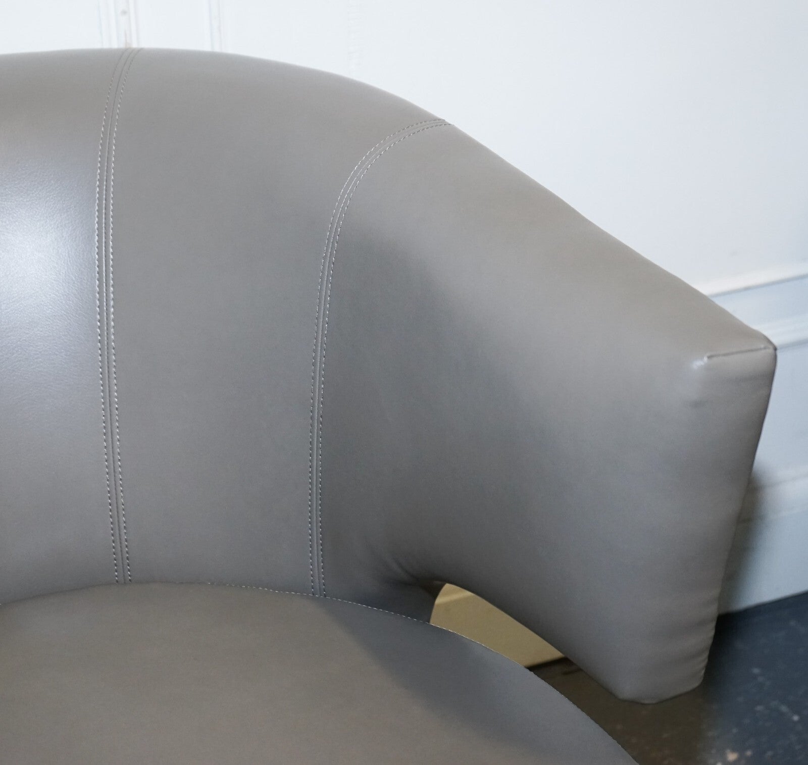 CONTEMPORARY COACH HOUSE GREY LEATHER ROUND BACK ARMCHAIRS WiTH STUDS