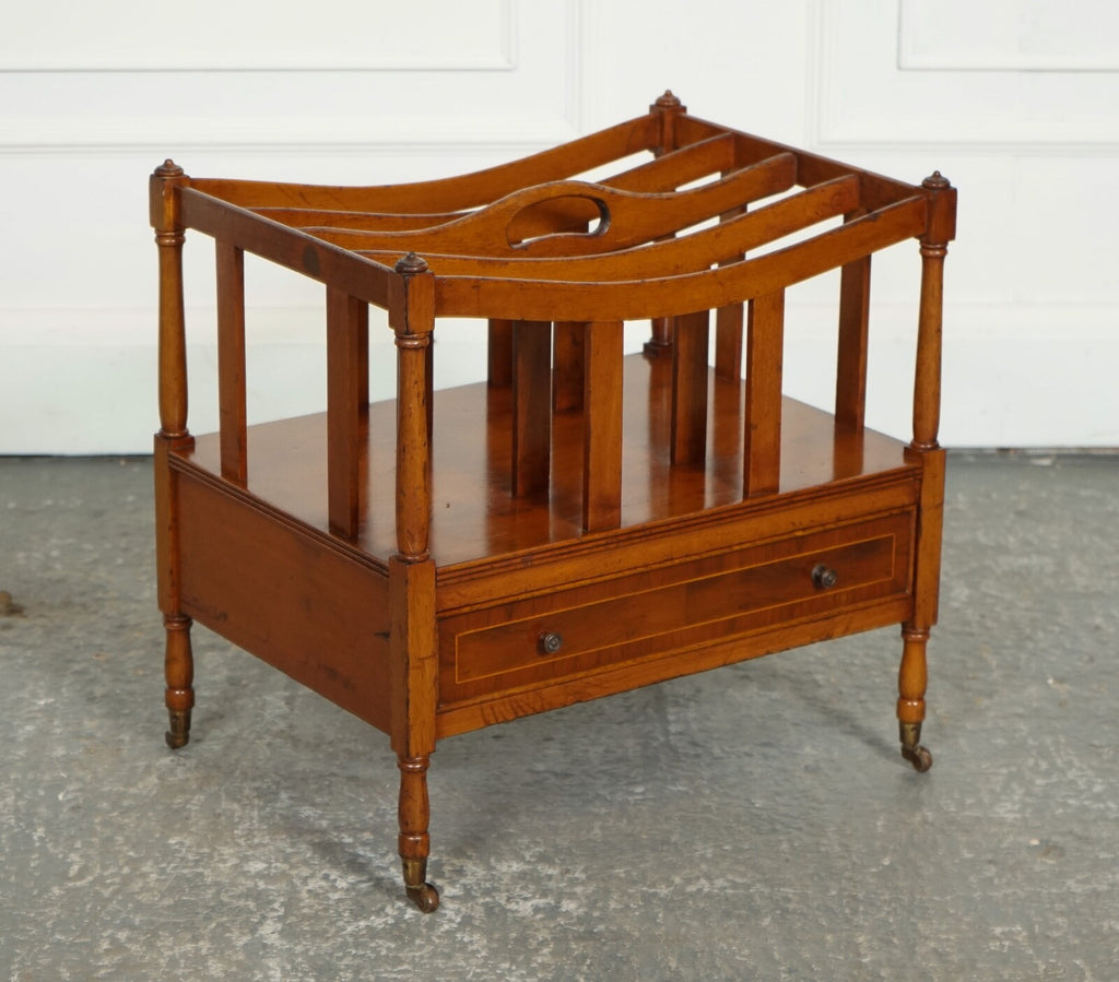 VINTAGE WALNUT CANTERBURY NEWSPAPER RACK WITH BRASS HANDLES J1