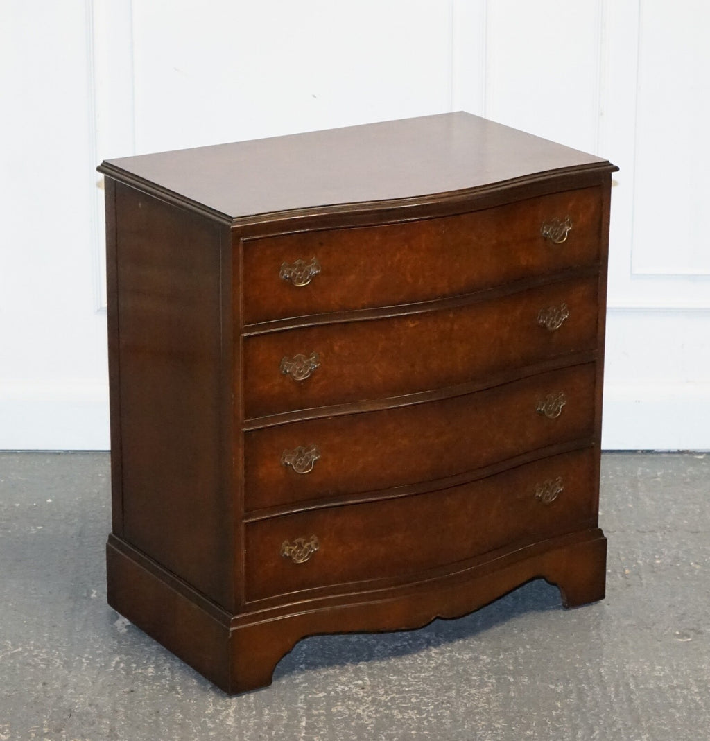 LATE 20TH CENTURY BURR WALNUT CHEST OF DRAWERS WITH BRASS HANDLES