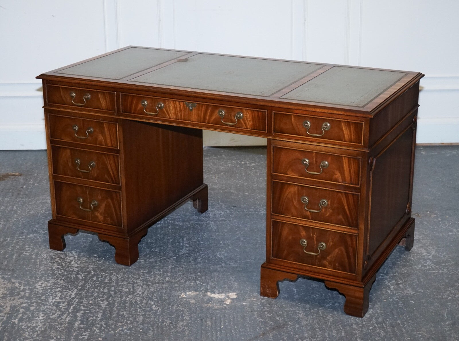 VINTAGE BEVAN FUNNELL SAGE BLUE GOLD EMBOSSED LEATHER TOP PEDESTAL DESK