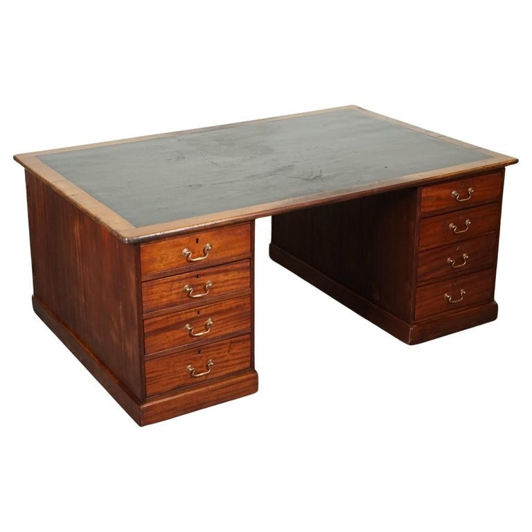 ANTIQUE HUGE DISTRESSED PARTNERS DESK WITH NAVY BLUE LEATHER TOP J1