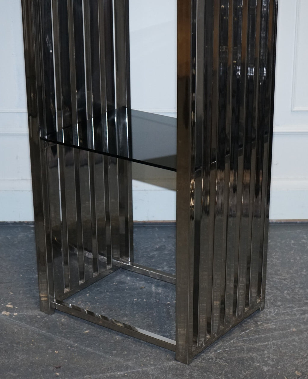 STUNNING CASA PADRINO STAINLESS STEEL PAIR OF BOOKCASES AND SMOKED GLASS SHELFS
