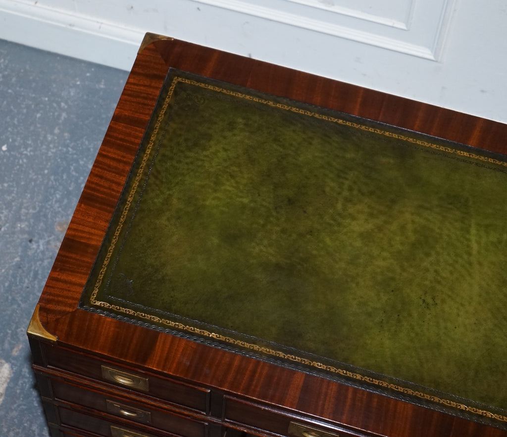 FINE RESTORED MILITARY CAMPAIGN TWIN PEDESTAL DESK WITH GREEN LEATHER TOP