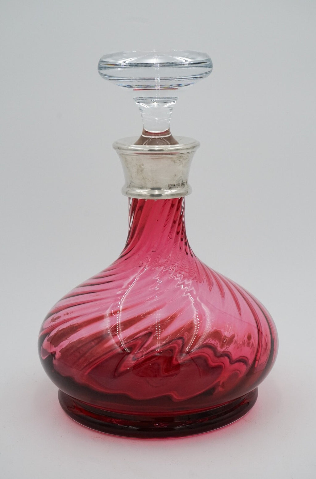 SILVER COLLARED HAND BLOWN CRANBERRY CRYSTAL DECANTER HARDWICKE COLLECTION