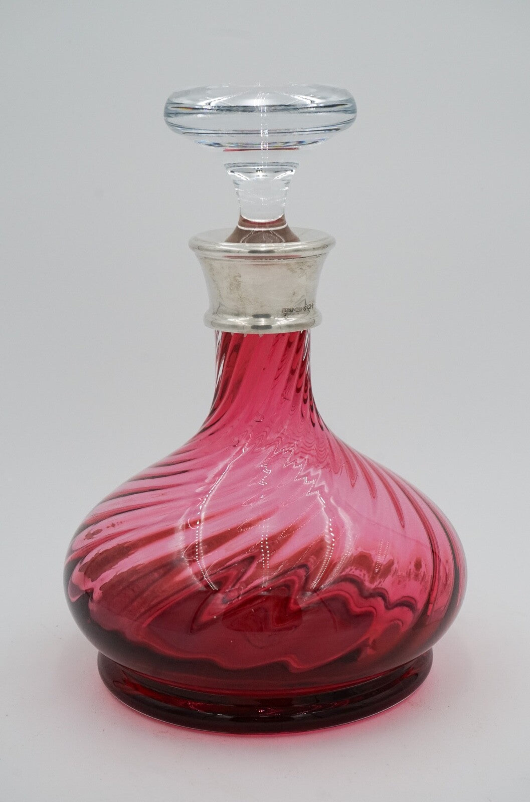 SILVER COLLARED HAND BLOWN CRANBERRY CRYSTAL DECANTER HARDWICKE COLLECTION