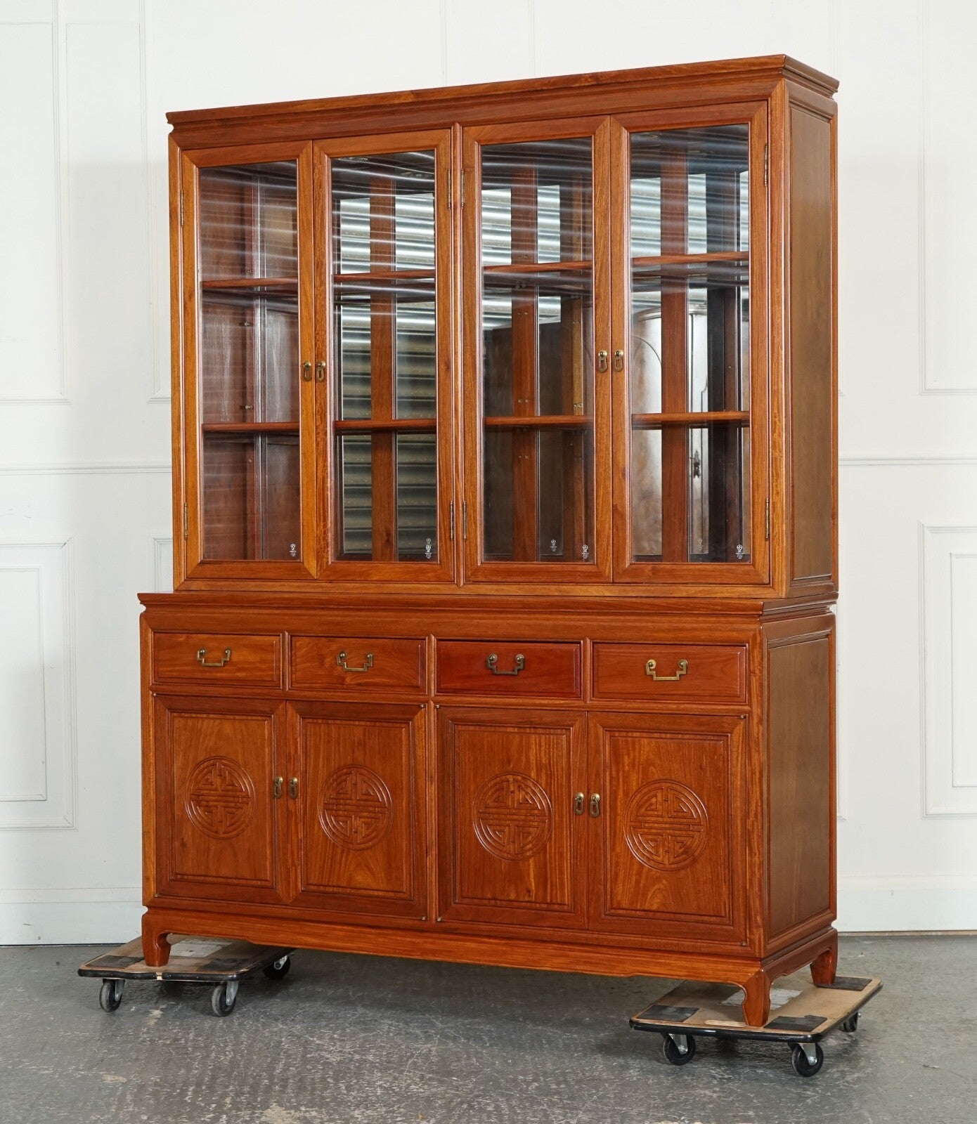 LARGE VINTAGE ORIENTAL CHINESE CARVED SOLID HARDWOOD BOOKCASE DISPLAY CABINET