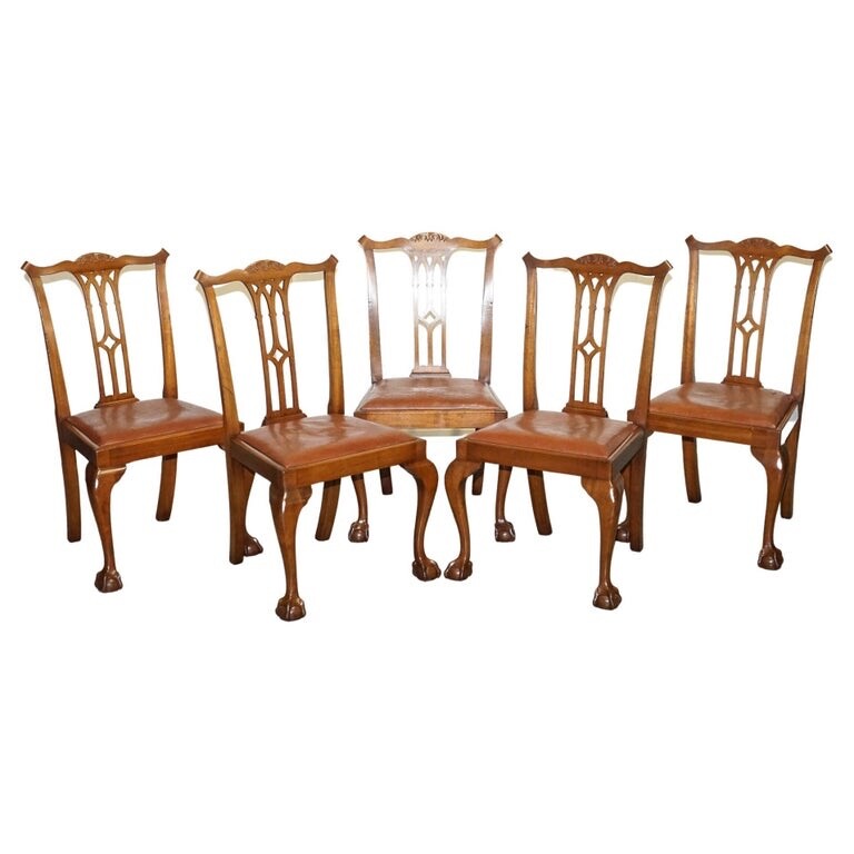 CHIPPENDALE STYLE 5 DINING CHAIRS WITH LEATHER SEATS PERFECT FOR ROUND TABLE