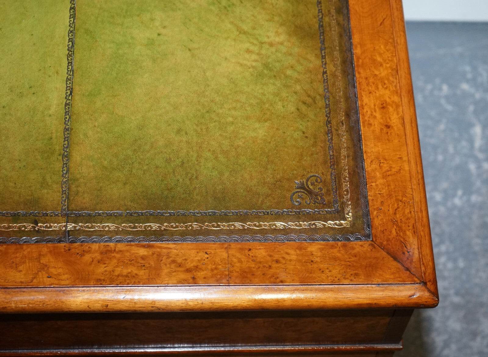 ONE OF A KiND RESTORED VICTORIAN BURR WALNUT HAND DYED LEATHER PEDESTAL DESK