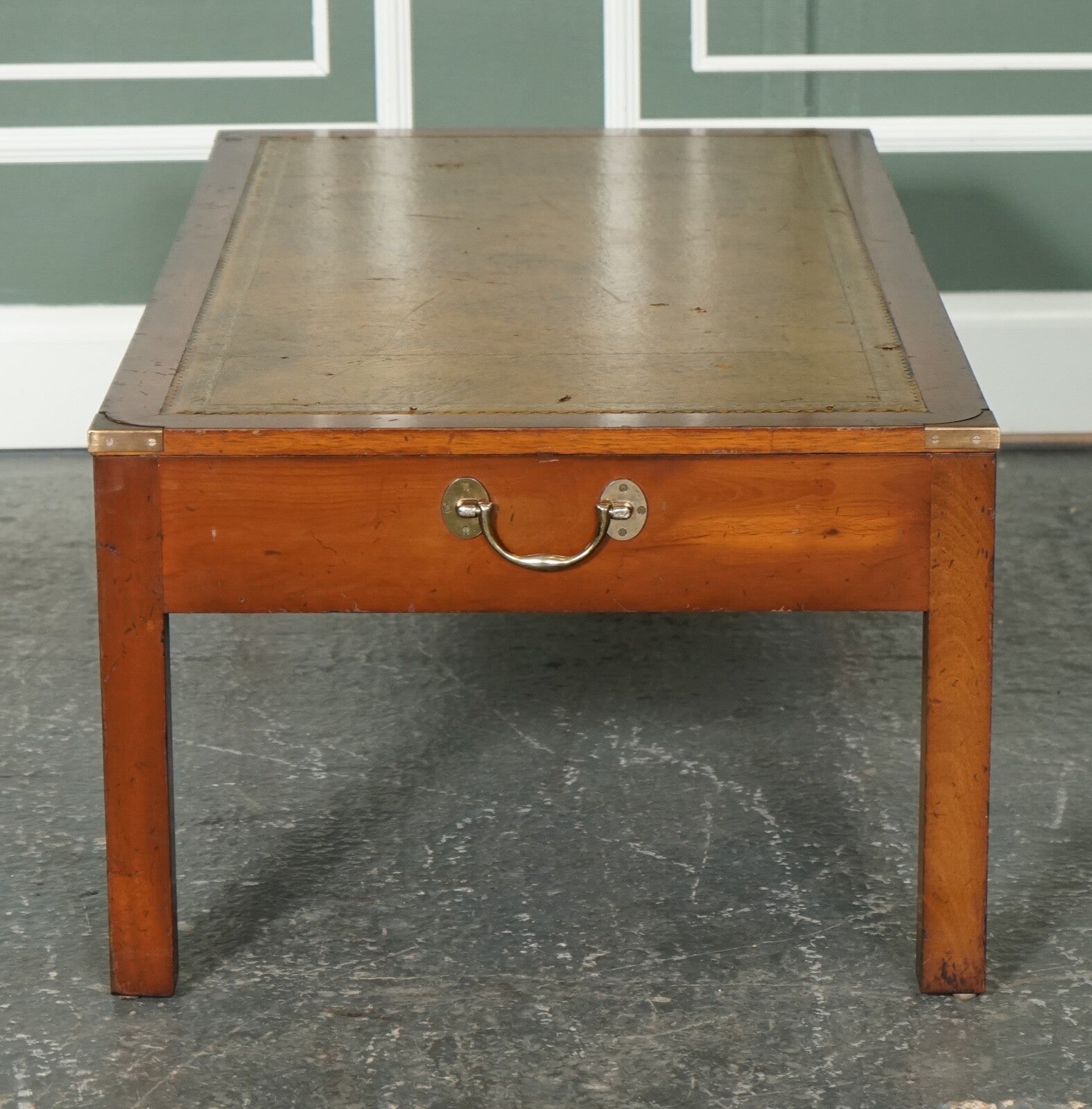 VINTAGE YEW WOOD MILITARY CAMPAIGN COFFEE TABLE WITH EMBOSSED LEATHER