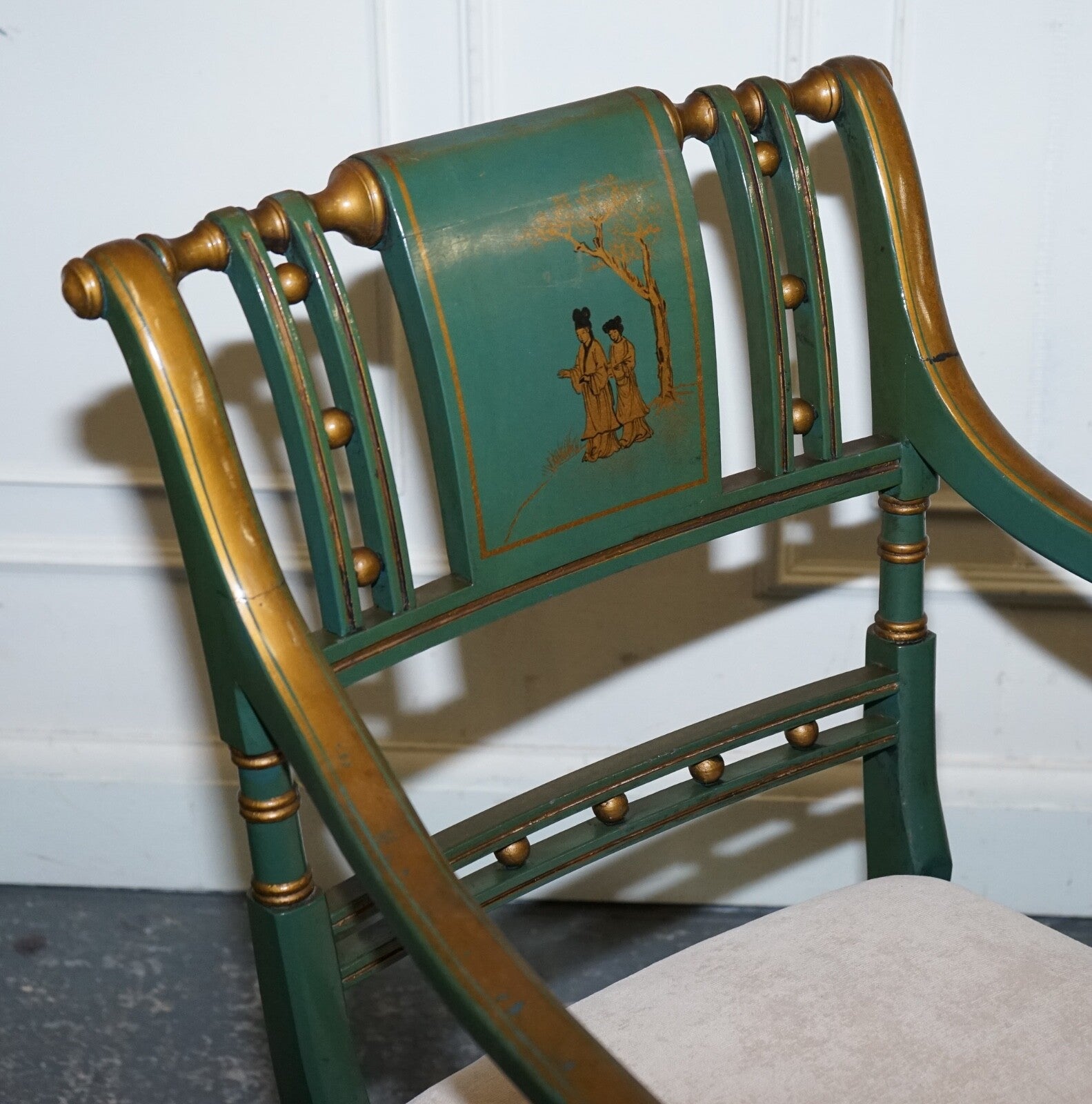 ORIENTAL CHINOISERIE GREEN & GOLD CARLTON DESK WITH MATCHING ARMCHAIR