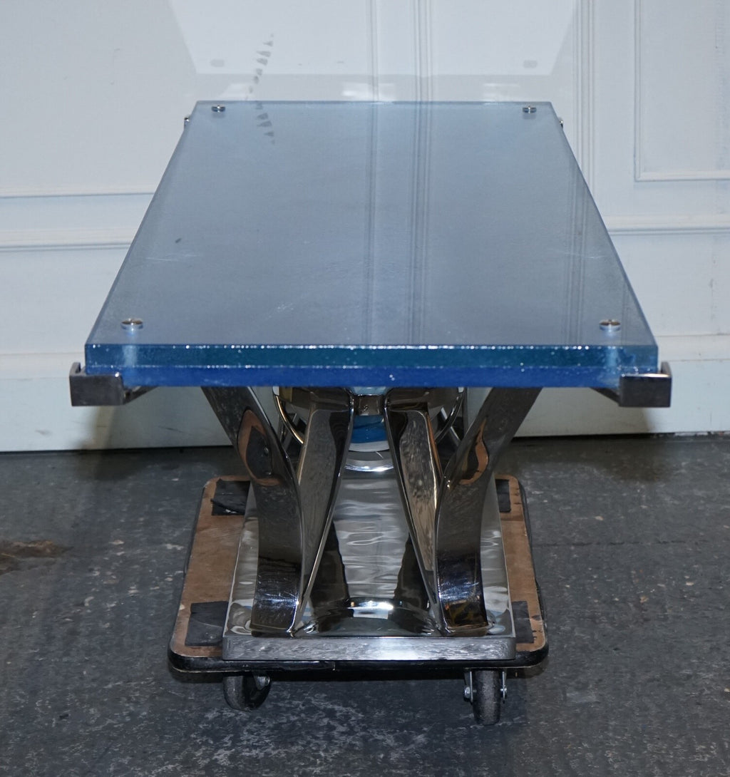 RARE CUSTOM HAND MADE GLASS MARINE GRADE STAINLESS STEEL COFFEE TABLE BY SOLIART